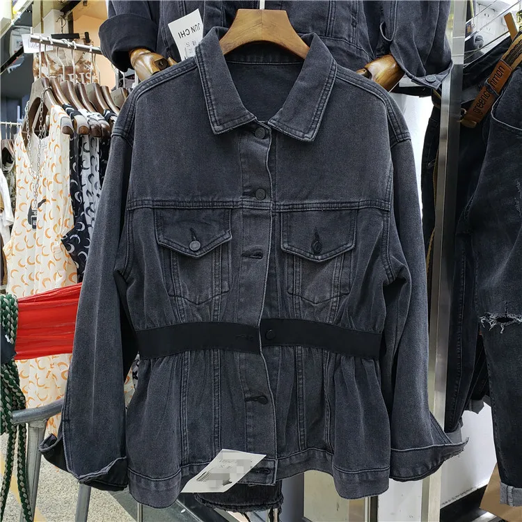 

2019 Autumn New Black Denim Jacket Women Elastic Waist Lapel Cowboy Coat Female Streetwear Loose Jeans Jackets Outwear