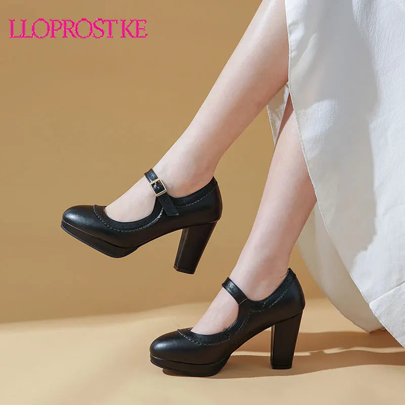Womens Leather Mary Janes Platform Buckle Round Toe Pumps High Heels Shoes 32-48