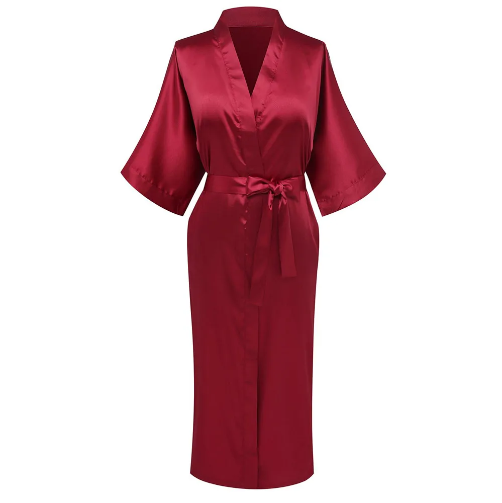 

Burgundy Sexy Midi Women Robe Kimono Gown Casual Loose Lounge Negligee Comfortable Satin Softy Intimate Lingerie Sleepwear