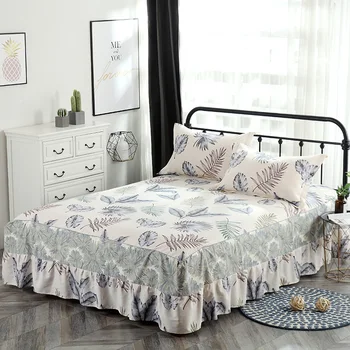

Simple style print 3pcs gray white Dot Cotton Bed Skirt Mattress Cover soft pillowcase Twin full Queen King size adult boy gift