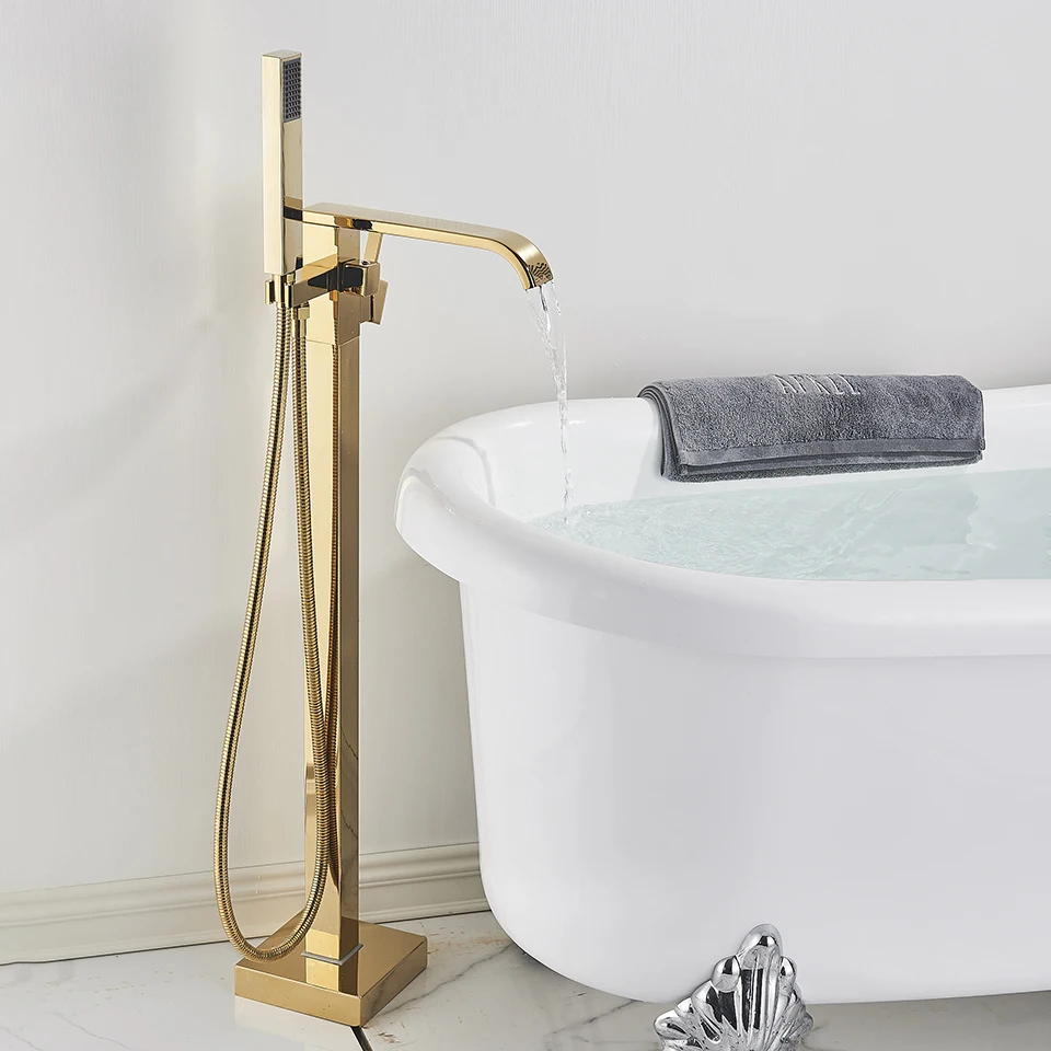Uythner Floor Mounted Bathtub Faucet Set Gold Bath Tub Faucet Hot and Cold Water Shower Bathtub Mixer Tap Waterfall Floor Stand