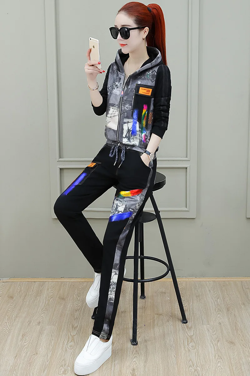 black printed Max LuLu Модный корейский комплект из двух предметов, Женские винтажные спортивные костюмы с капюшоном, женские топы с принтом и штаны-шаровары, одежда для фитнеса в стиле панк - Цвет: black printed