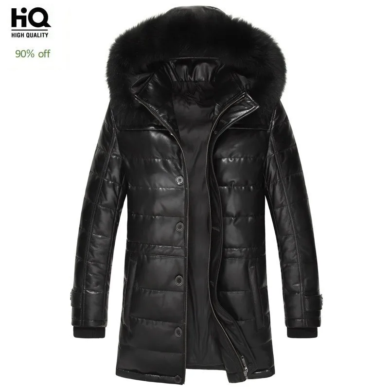 

Luxury Brand Long Down Coats Men Real Sheepskin Slim Fit Fox Collar Winter Genuine Leather Warm Hooded Zipper Overcoat Plus Size