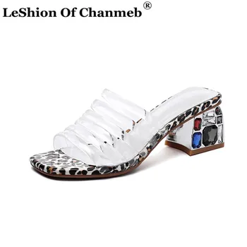 

Brand Designer Leopard Shoes Women Diamond Heels Slippers Woman Party Shoes Slides Ladies Clear Flip Flops Outdoor Shoes Summer