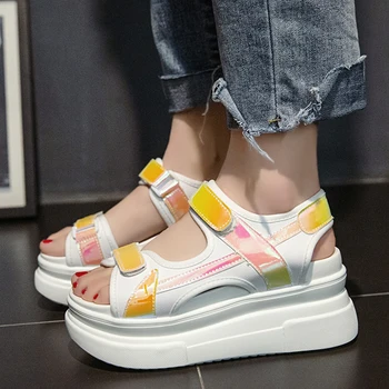 

Summer Women Platform Casual Sandals Convenient Velcro Trend Sequins Upper Ladies Increase 10 Cm Platform Women Sandals