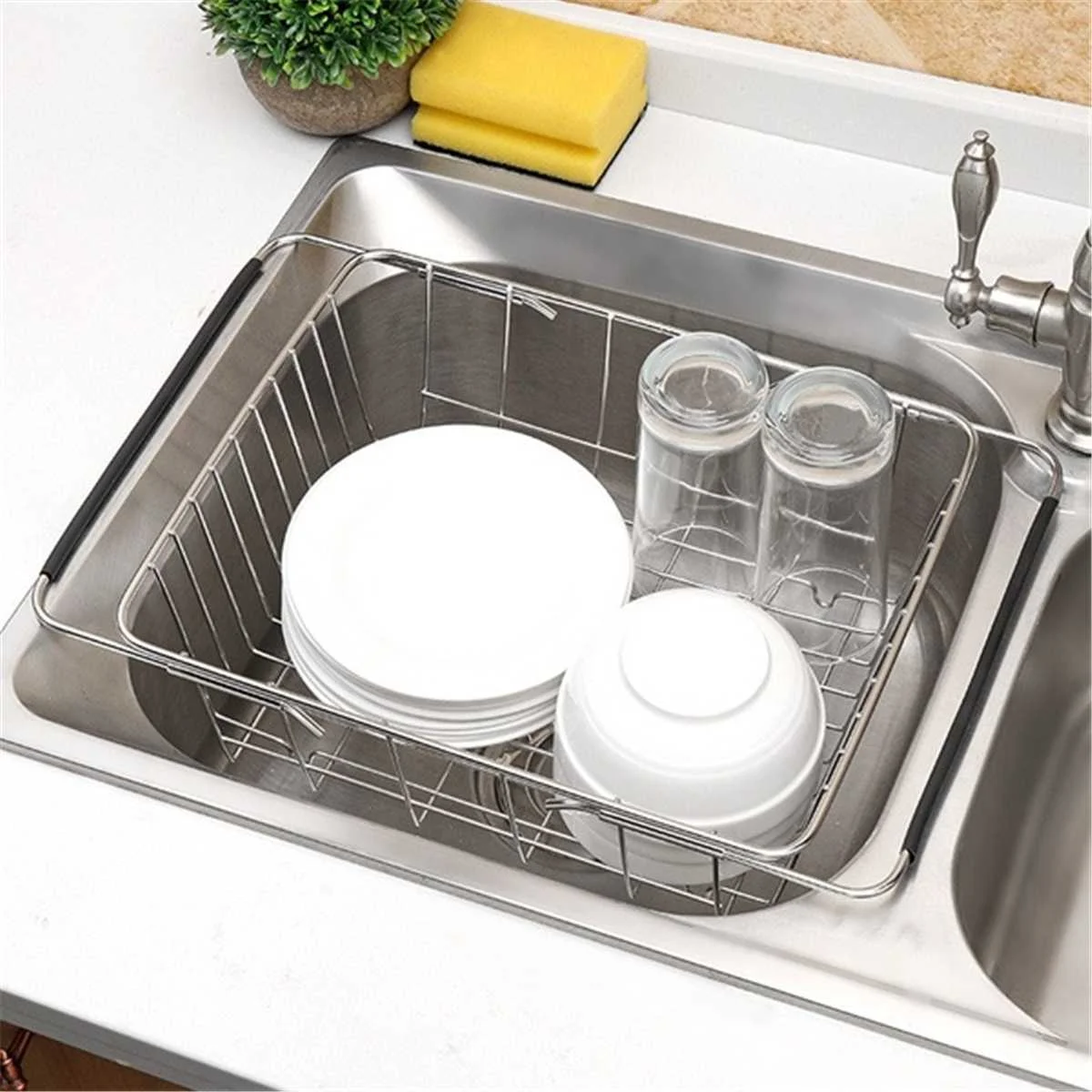 

Adjustable Over Sink Dish Drying Rack Stainless Steel Kitchen Storage Basket Drain Holder Fruit Rustproof Bowl Glass