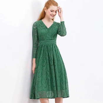 

Heliar Green Hollow Out Dress Women A-line Long Sleeve V-Neck Dress For Women 2020 Summer One-Piece High Waist Dress Women