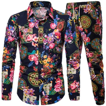 

2019 Spring Autumn Fashion New Men's Casual Long Sleeve Flower Shirt Set / Man's Elastic Waist Beach Holiday Trousers Pants