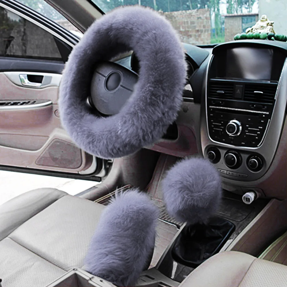 3Pcs/Set Winter Long Wool Car Steering Wheel Gear Knob Shifter Parking Brake Cover Warm Soft Plush Women Auto Accessories 6Color