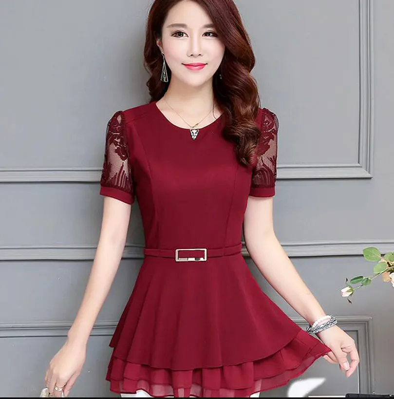 

2020 Summer Women Tops And Blouses Fashion Office Lady Lace Shirt Ruffled Short Sleeve Slim Fit A Line Design Peplum Tunic Top