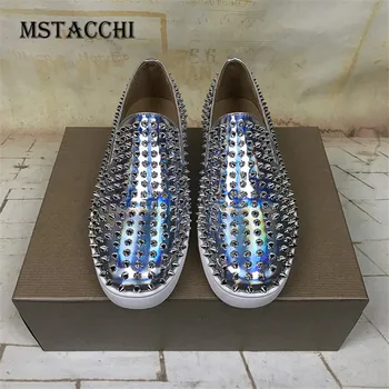 

MStacchi High Quality Cow Leather Men Casual Loafers Shoes Fashion Dazzling Solid Color Novelty Rivet Slip-on Man Walking Shoes