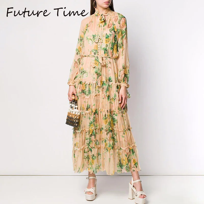 

Future Time 2019 Summer Chiffon Print Dress Women Loose Long Sleeve Stand Collar Single-Breasted Dress Two Piece Floral Sundress