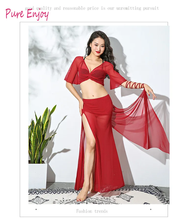 Горячий Продавать Mesh Fairy Belly Dance Костюм Набор для Женщин Танцы Живота Топы и Юбки Свободный Дизайн Большой Танцевальная Команда униформа