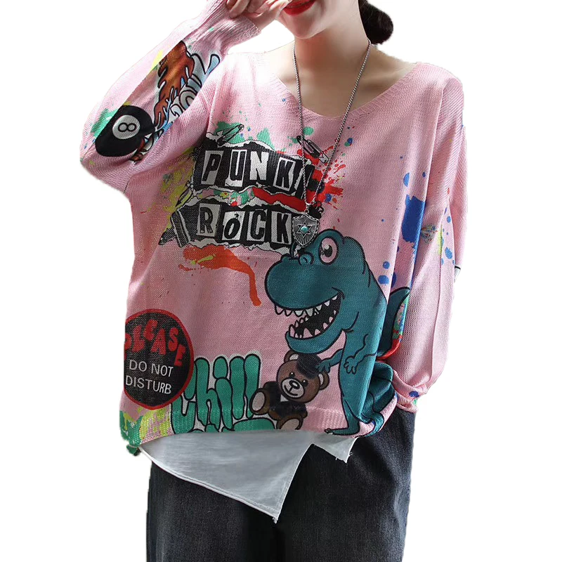 

Korean Women Cute Cartoon Pullover Knitted Shirt Oversized Long Sleeve Vintage Tops Streetwear Sweaters Blouse Ropa De Mujer