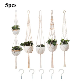 

5PCS Bohemian Hand-woven Wall Hanging Net Bag Wall Hanging Potted Hanging Basket Rope Braided Craft Vintage Decor