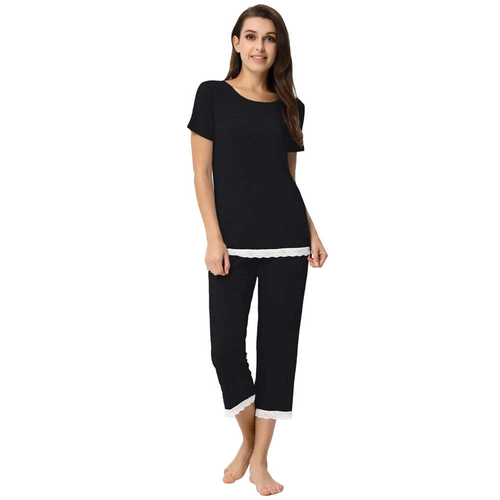 Women's 2pcs Set Comfy Modal Sleepwear Short Sleeve Tops+Cropped Pants summer comfortable stretch nightwear ladies Pajama sets