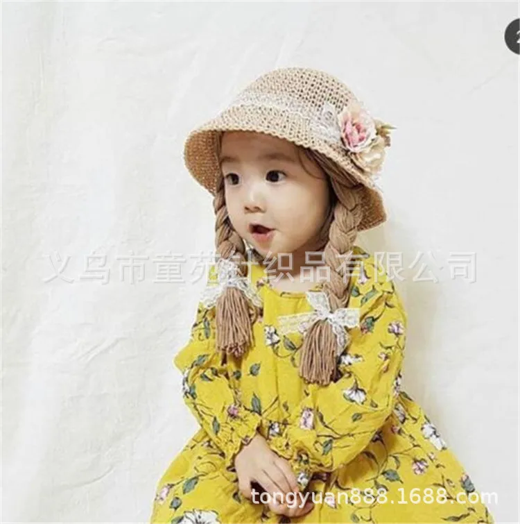 Spring Summer Baby Kids Girl Sun Block Hat Beach Hair Pigtail Braid Wig Cap Children Girls Flower Straw Hat Cap New Arrivals
