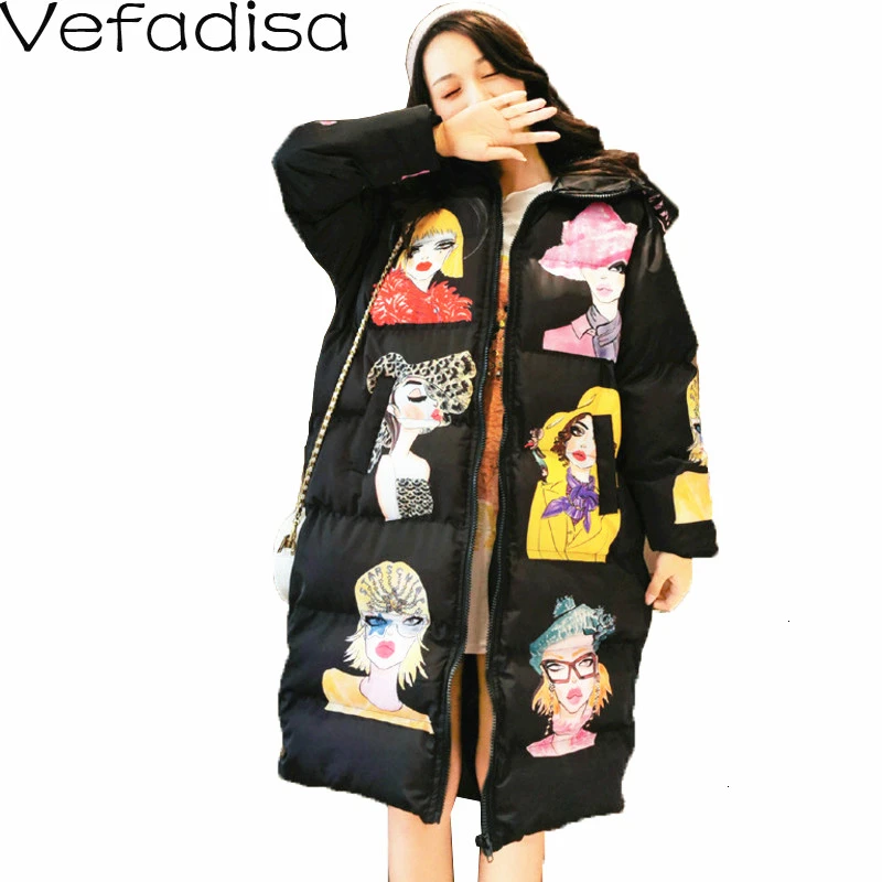 Goede Vefadisa Winter Karakter Print Parka Vrouwen 2019 Dikke Hooded Parka Jacket Losse Ritsen Katoen Gewatteerde Jas Wit Zwart QYF1284