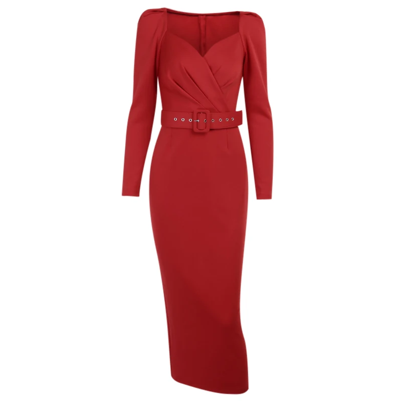 InstaHot Elegant Party Women Dress Slim V Neck Long Sleeve Mid Calf Pencil Dress 2020 Casual Office Lady Solid Red Puff Sleeve