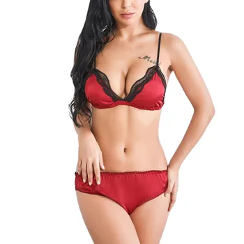 

Women Sexy Solid Color Pajamas Set Summer Sling Bikini Lingerie Translucent Ice Silk Lace Stitching Home Clothing Set