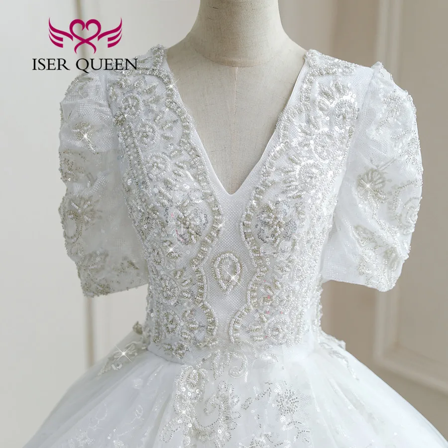 beaded lace fabric for wedding dresses Stunning Wedding Dresses A Line Sweep Short Sleeves Beaded Jewel Neck –  Ballbella main image 1
