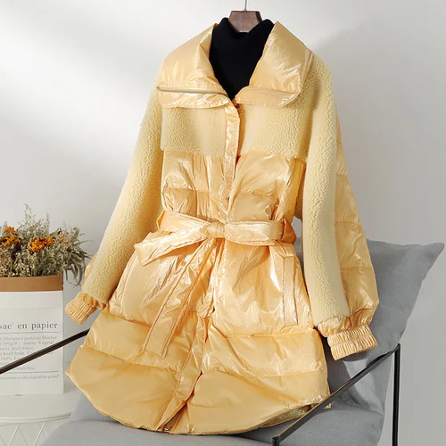Yellow Tcyeek пальто с натуральным мехом, женская зимняя куртка на утином пуху, Женская винтажная длинная куртка для стрижки овец, толстая теплая шерстяная пуховая куртка Hiver 916 - Цвет: Yellow