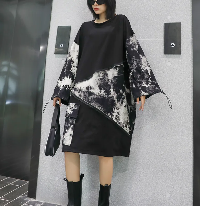 

XUXI Autumn 2020 Women Dress Streetwear Loose Stitching Long Sleeve Fashion Printing Dresses High Waist Mid-Calf A-Line FZ2705