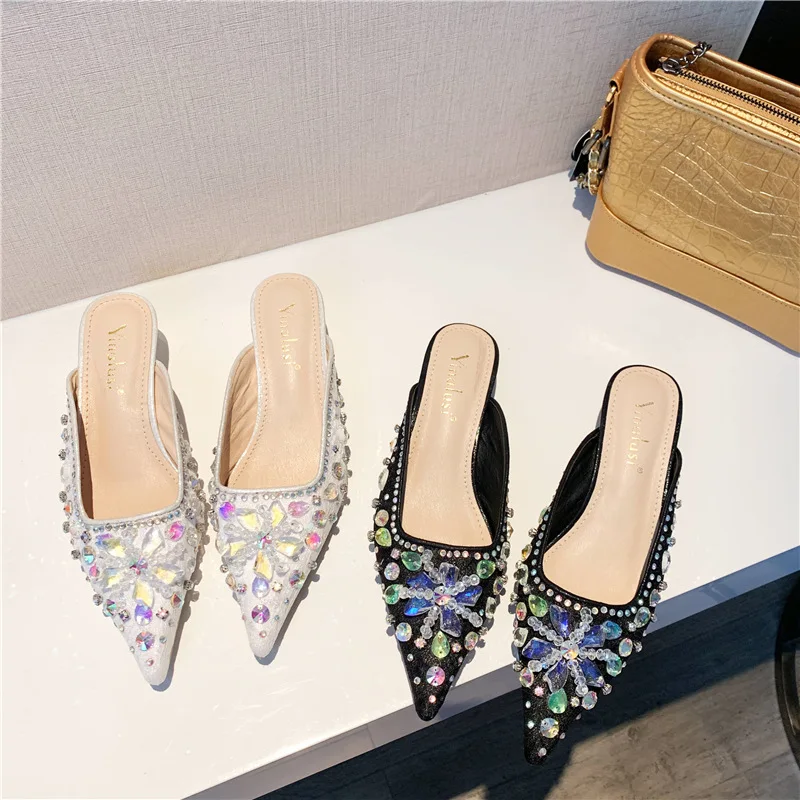 

Luxury Slides Med Shoes Jelly Flip Flops Thin Heels Ladies' Slippers Designer Glitter 2019 Fashion Basic Crystal PU Autumn