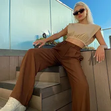 

waist, high Summer thin vintage and drooping brown straight suit trousers