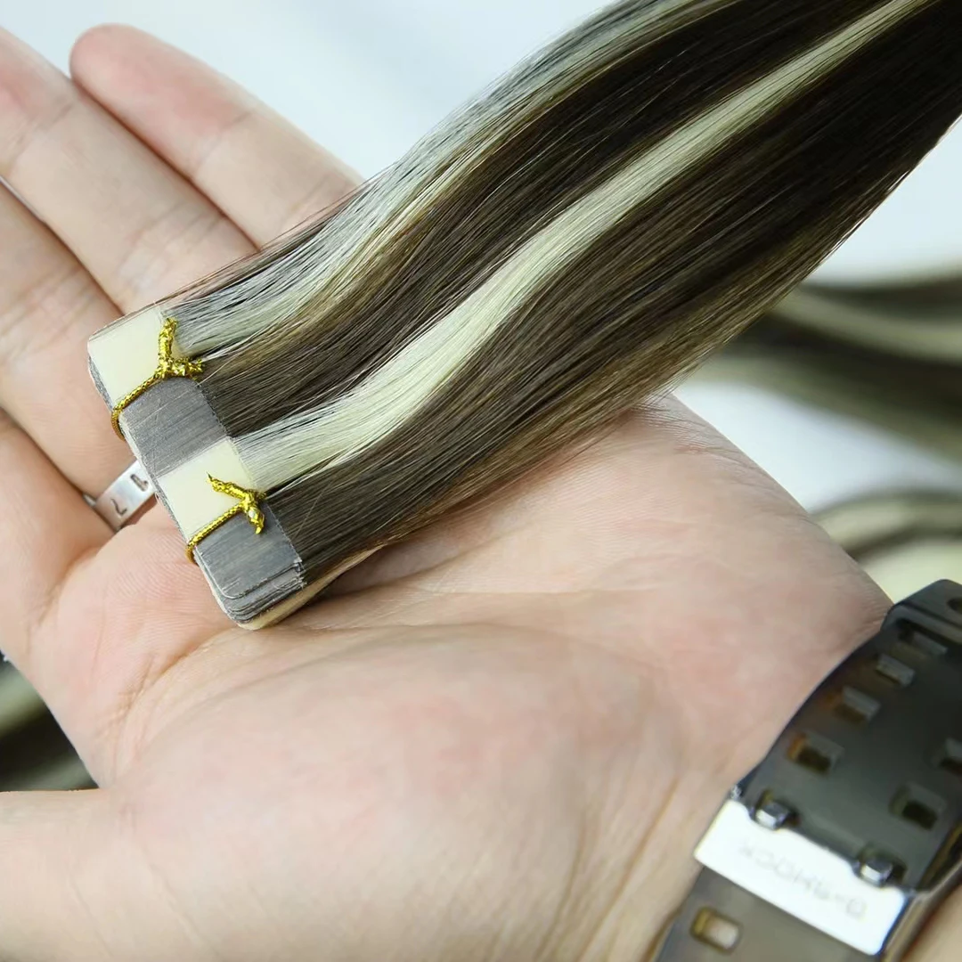 Raw Virgin Tape in Hair Extensions Real Human Hair Balayage Ombre High Quality 10A Brazilian Seamless Glue on PU Skin Weft Thick