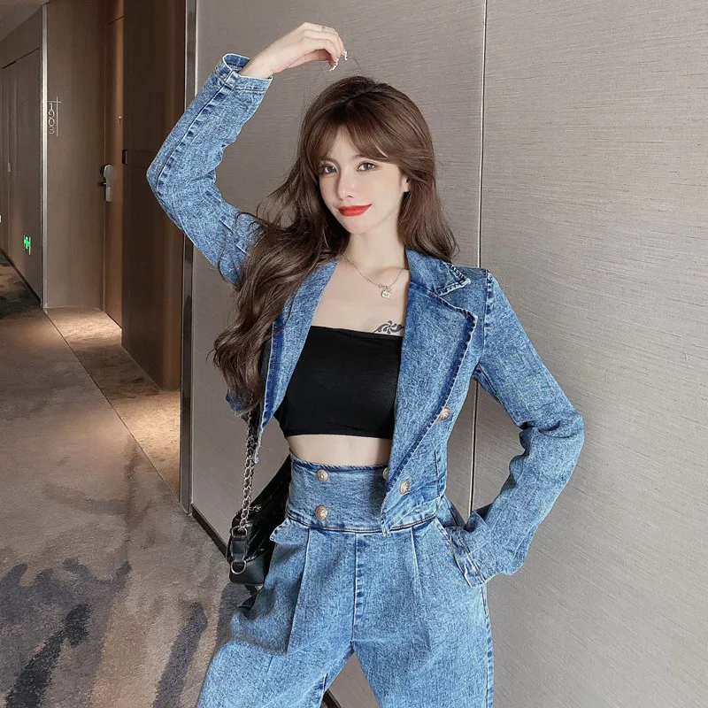 2021 spring autumn women's casual  denims jacket tops+jeans suits female  fashion denim 2 piece sets sweatpants set