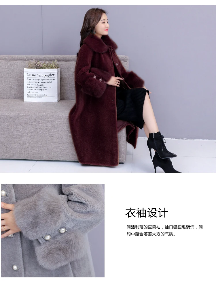 Women winter faux fox fur collar warm artificial sheep fur cashmere fabric medium long coat casacos abrigos plus size MLXLXXL4XL