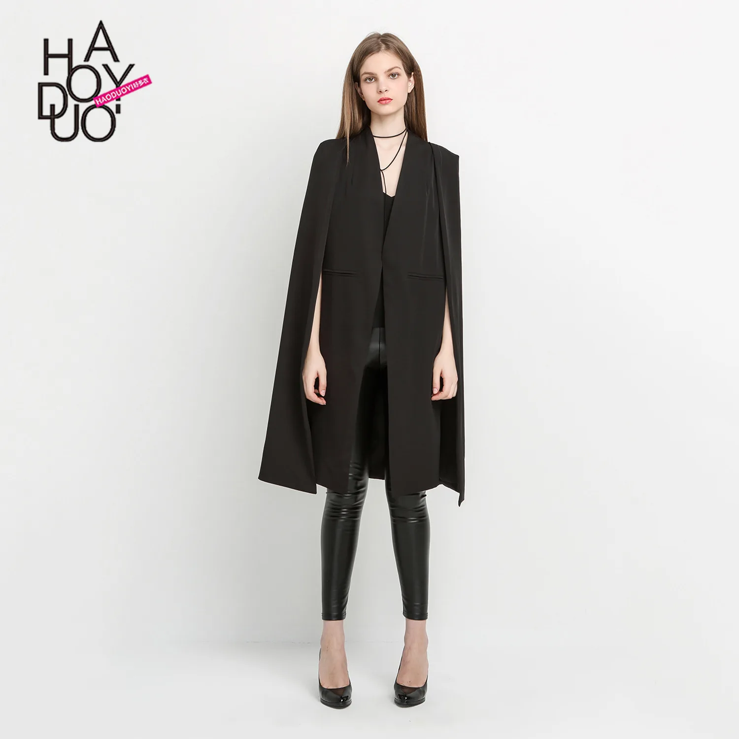 

Haoduoyi 2019 New Style Fashion Europe And America No Buckle Open Front Overcoat Cape Shawl Trench Coat