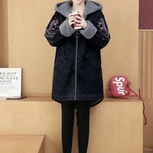 

Women's 2021 Winter New Casual Embroidered Lambswool Cotton Coats with Pocket Fashion Hooded Plus Velvet Thick Denim Coat Jacket