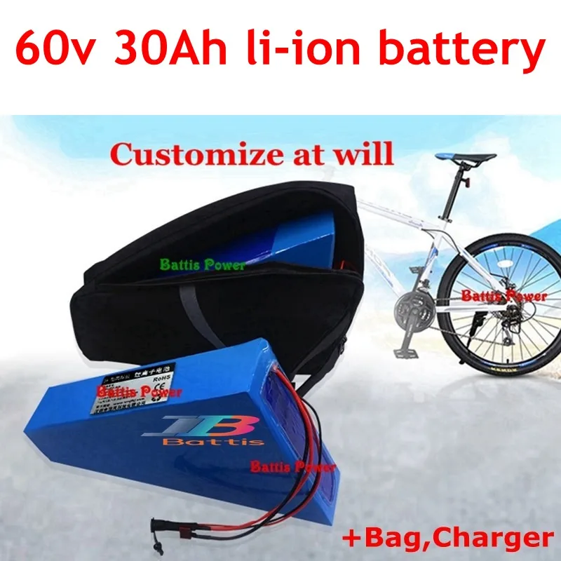 60v 30ah литий-ионный аккумулятор треугольник батарея с BMS 30A li-ion для квадрокоптера с дистанционным управлением 60v 1500w 2000w электрический велосипед Скутер+ 5A зарядное устройство+ сумка