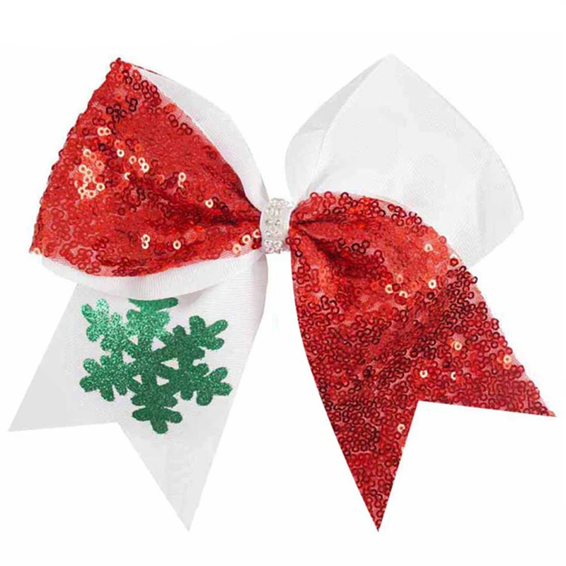 

7" Sequin Large Hair Bows for Girls Cheer Bows Christmas Snowflake Printed Bowknot Red/Green Party Dance Kids Hair Accessories
