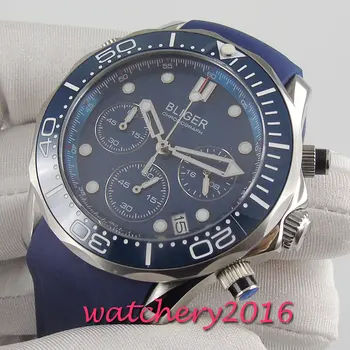 

41mm Quartz men's Watch Sapphire BLIGER Chronograph Ceramic Bezel Date Blue dial Rubber Strap