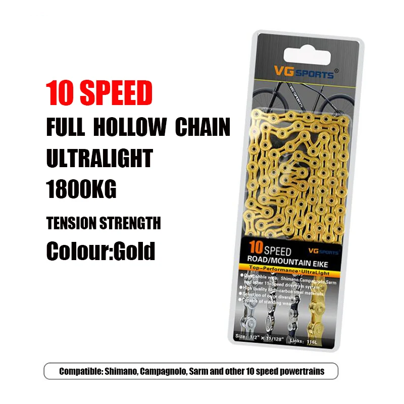 10 speed Gold Full VG Sports 8 9 10 11 цепь для скоростного велосипеда Серебряная полуполая велосипедная цепь для горного велосипеда полые цепи сверхлегкие 116л золотые - Цвет: 10 speed Gold Full