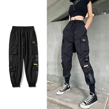 Streetwear שחור מכנסיים נשים קוריאני סגנון אלסטי מותניים רחבים מכנסי טרנינג מכנסיים קיץ סתיו היפ הופ Harajuku מכנסיים נשים