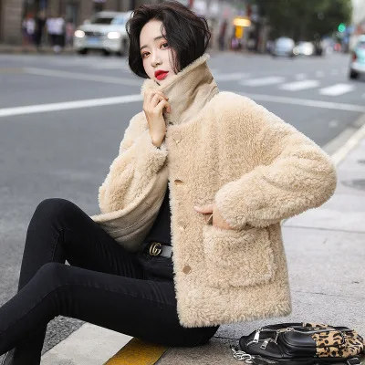 Новинка, зимняя женская куртка из овечьего меха, модная, толстая, теплая, овечья шерсть, пальто из искусственного меха, Короткие куртки для женщин, большие размеры, Свободное пальто - Цвет: Khaki