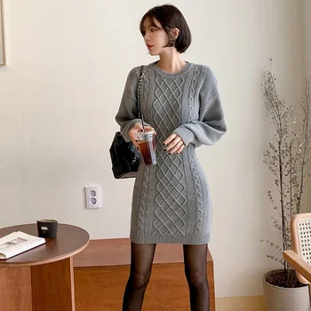 

Oufan 8611#2019 Korean-style Fall and Winter Clothes New Style Crew Neck Linen Flower Color Bat Sleeve Backless Jersey Dress She