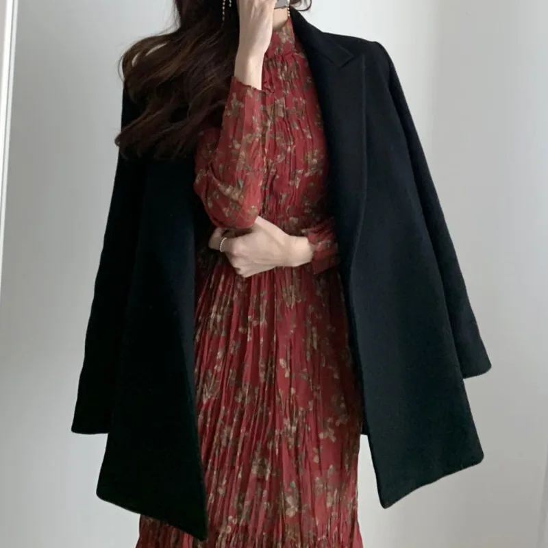 Korean Autumn Winter Women Wool Blend Blazers Jackets With Belt Work Office Lady Suit Casual Slim Business Female Blazer Coat