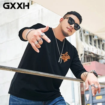 

GXXH Oversized Man Big Size Men's Casual T-shirt Fashion Autumn Winter New Letter Print Long Sleeved Big Size Tee Shirts Black