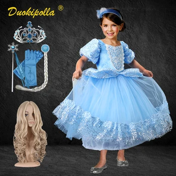 

Christmas Girls Cinderella Dress Kids Light Blue Lace Dresses for Girls Halloween Princess Costume Child Fantasia Infantil