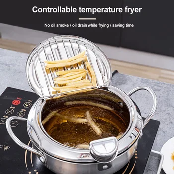 

Carbon Steel Oil Drip Rack Lid Tempura Deep Fryer Cooking Tool Chicken French Fries Kitchen With Thermometer Home Non Stick