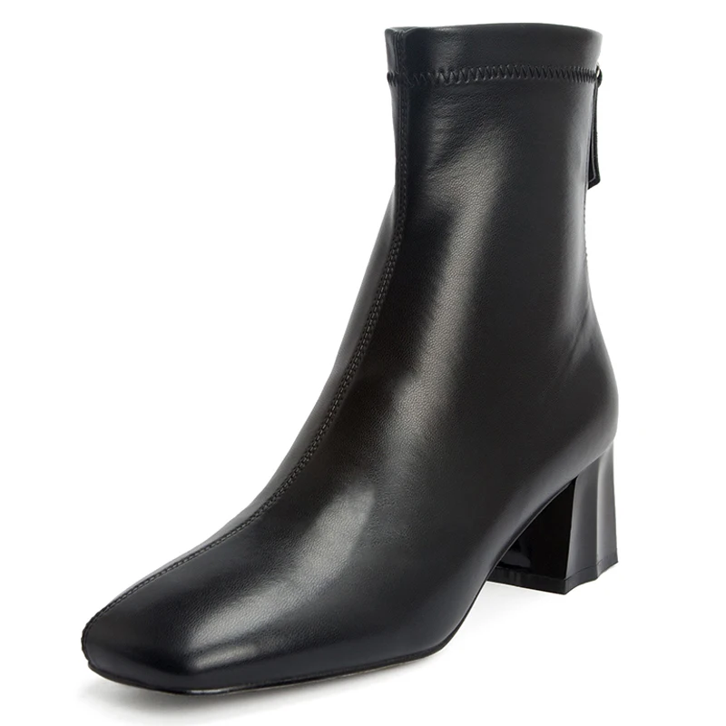 

The First Layer Of Leather Back Zip Thick Heel Elastic Boots Exquisite Small Square Head TPR Sole Women's Boots Genuine Leather