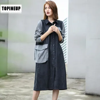 

Womens Spring Autumn 3/4 Sleeves Oversized Loose Shirt Dress Harajuku Style Patchwork Long Loose Shirt Dress with Pocket