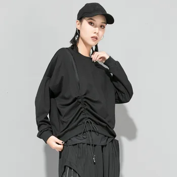 

LANMREM Drawstring Fake Two Piecse Women's T-Shirts 2020 Spring New Casual Long Sleeve Round Neck Solid Color Casual Tops PC359