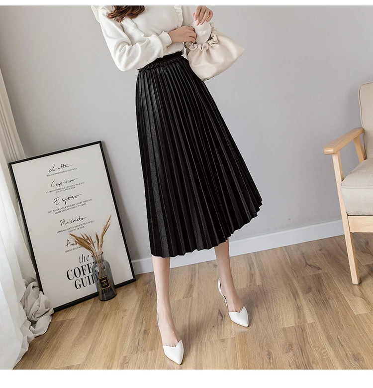 Beiyingni Autumn Winter Gold Velvet Midi Skirt for Woman High Waist Vintage Casual Pleated Skirts Womens Solid 7Colors Warm Saia