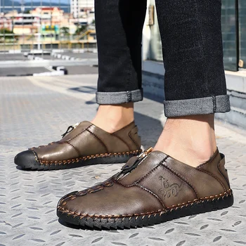 

Handmade Leather Men Casual Shoes Mens Outdoor Fashion Recreation Footwear High Quality Breathable Slip on Black Shoes Plus Size